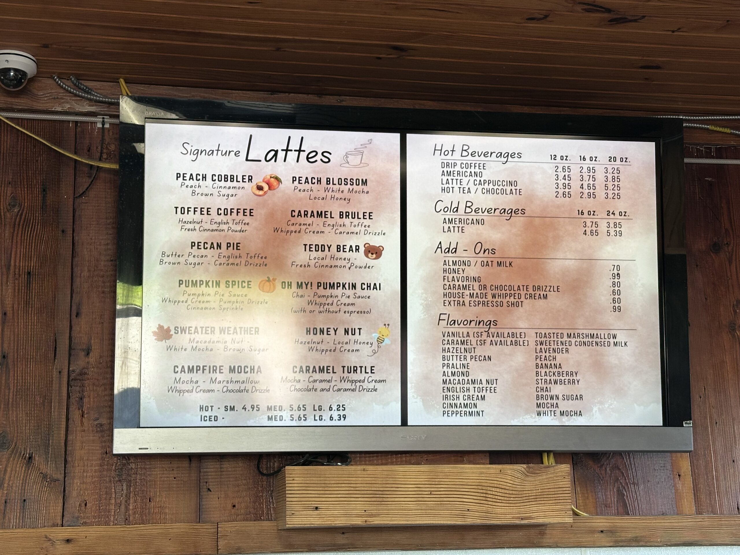 Cooper Farmsのアメリカーノやラテのメニュー表